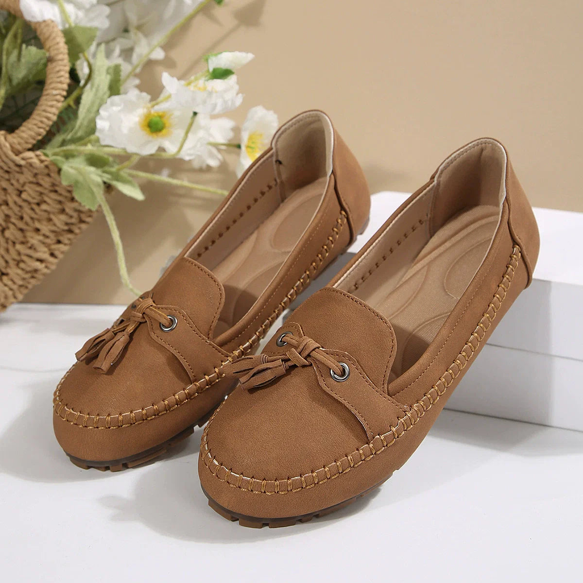 Women's Casual Blue Moccasin Loafers – Soft Suede Slip-On Flats with Tassel Bow Detail, Comfortable Driving Shoes for Everyday Wear