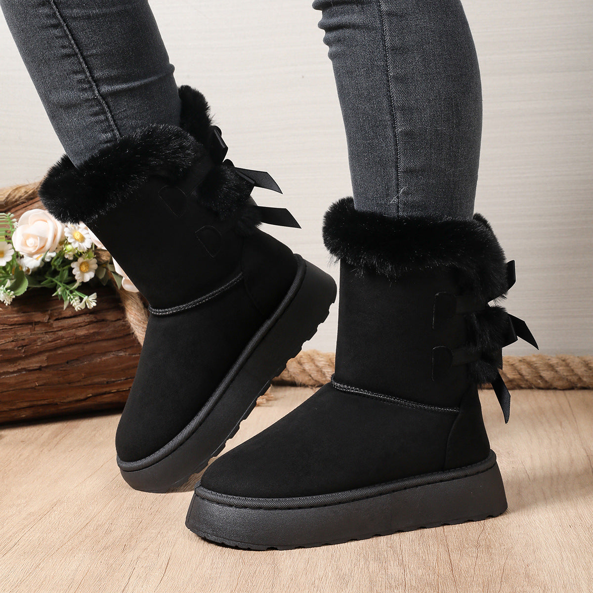 Women’s CozyBow Short Snow Boots – Fleece-Lined Warmth & Anti-Slip Platform (US 5–10)
