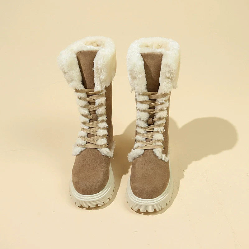 Winter New Women's Velvet Mid-Tube Cotton Boots with Thickened Lining and Height-Enhancing Design