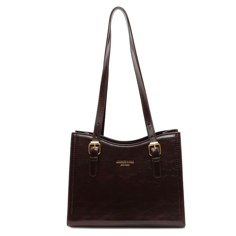 Women's Retro-Vintage Structured Tote Bag – Medium Horizontal PU Tote with Zippered Top, Dual Shoulder Straps & Phone Pocket