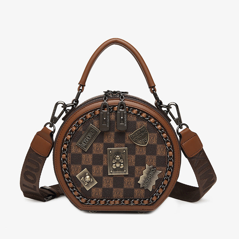 Women's Retro Textured Round Bag – Vintage Crossbody with Detachable Charm & Scarf, Versatile Top Handle & Adjustable Strap