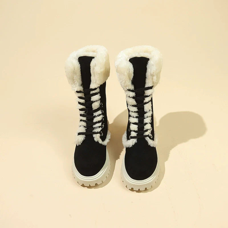 Winter New Women's Velvet Mid-Tube Cotton Boots with Thickened Lining and Height-Enhancing Design