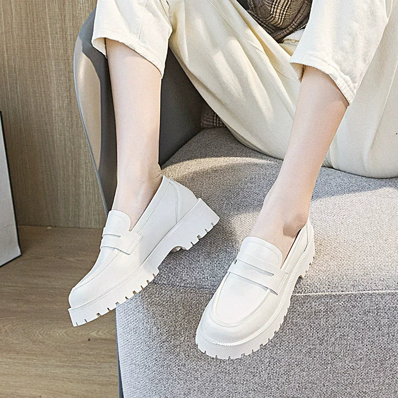 Women's Slip On Platform Loafers Thick Sole Height Boosting Trendy and Versatile College Style Casual White Sneakers