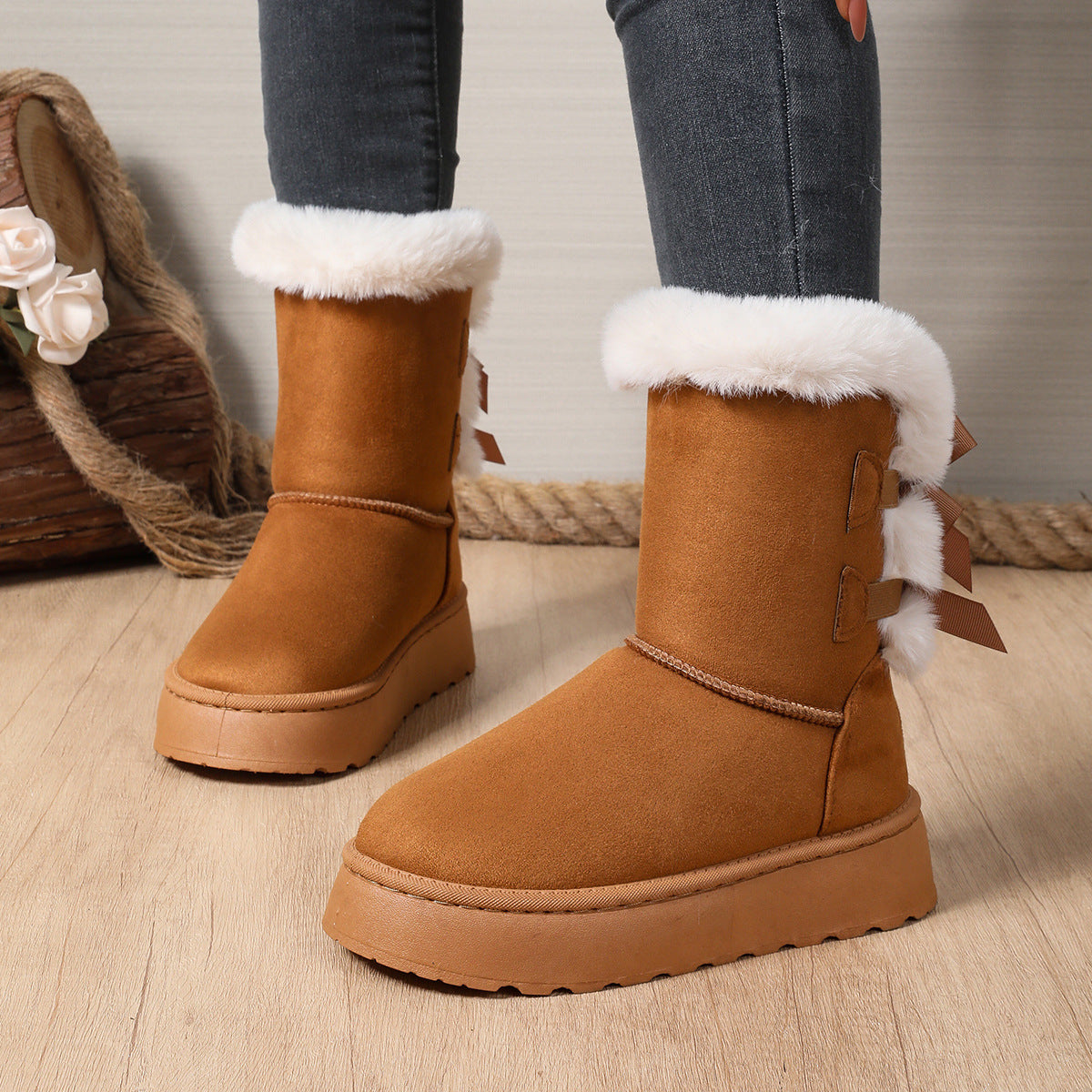 Women’s CozyBow Short Snow Boots – Fleece-Lined Warmth & Anti-Slip Platform (US 5–10)
