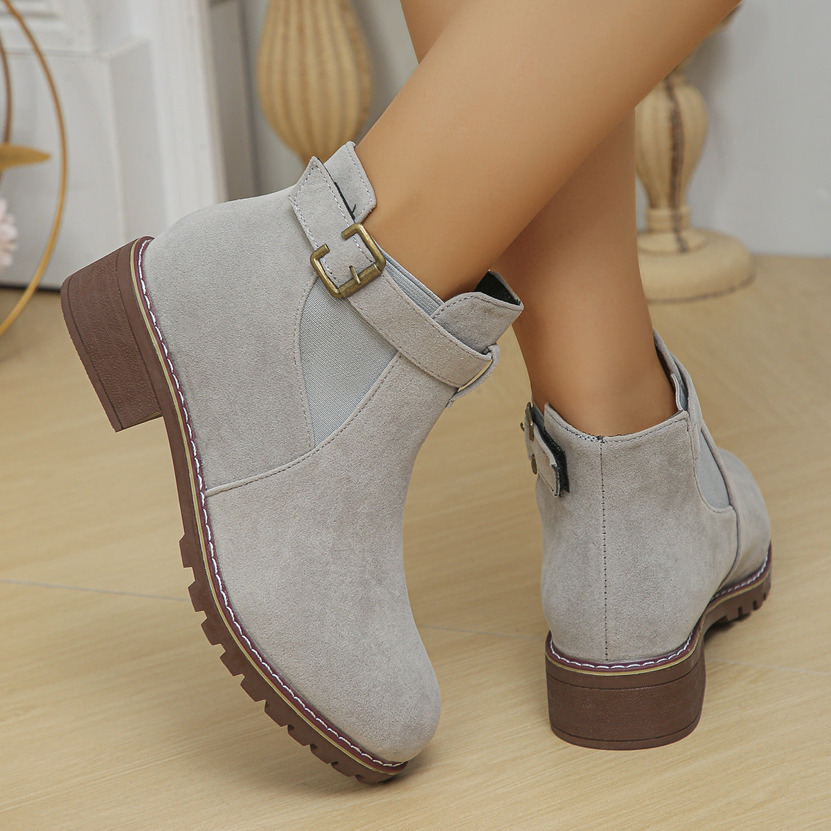 Women's Plus Size Suede Platform Martin Ankle Boots with Belt Buckle Details