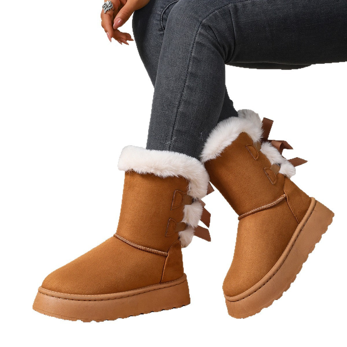 Women’s CozyBow Short Snow Boots – Fleece-Lined Warmth & Anti-Slip Platform (US 5–10)