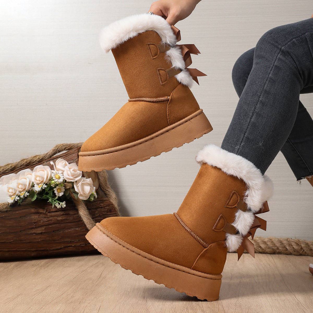Women’s CozyBow Short Snow Boots – Fleece-Lined Warmth & Anti-Slip Platform (US 5–10)