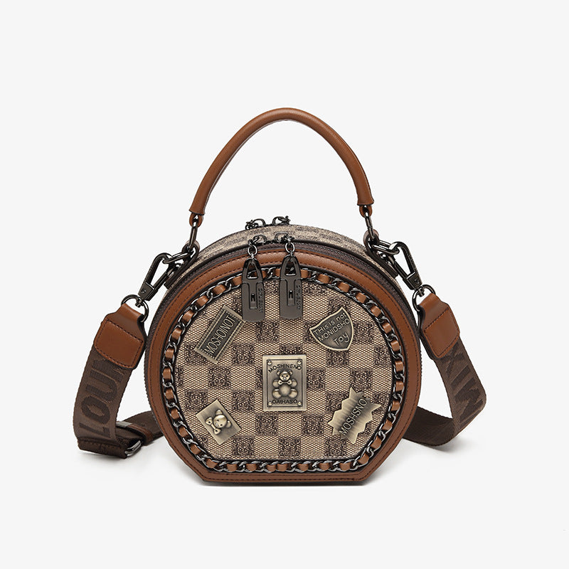 Women's Retro Textured Round Bag – Vintage Crossbody with Detachable Charm & Scarf, Versatile Top Handle & Adjustable Strap