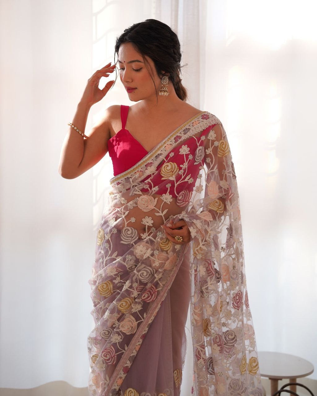 Butterfly Net Malty Color Thread & Aari Embroidery Work Saree in Off White Color - Exquisite handwoven off white saree with intricate butterfly net embroidery