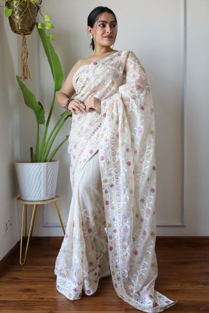 Heavy Butterfly Net Beautiful Mallty Colour Aari Embroidery Work Saree In Off White Color - qivii