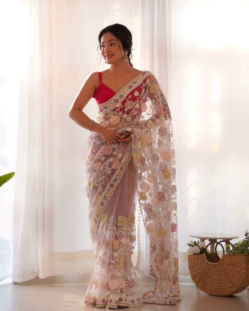 Butterfly Net Malty Color Thread & Aari Embroidery Work Saree In Off White Color - Elegant traditional saree with intricate net and embroidery details