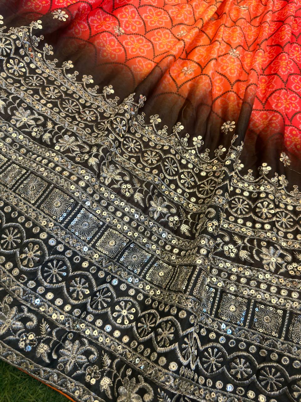 ORANGE COLOR CHINON SILK WITH DIGITAL PRINT AND EMBROIDERY SEQUENCE DESIGN WORK