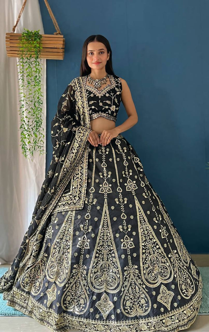 BLACK COLOR LEHNGA DETAILS:JALPARI SILK WITH EMBROIDERY SEQUENCE ZARI DESIGN WORK