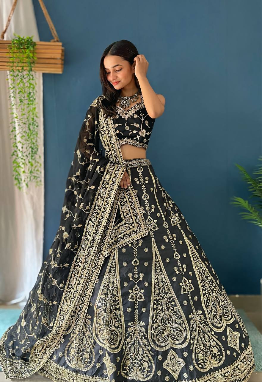 BLACK COLOR LEHNGA DETAILS:JALPARI SILK WITH EMBROIDERY SEQUENCE ZARI DESIGN WORK