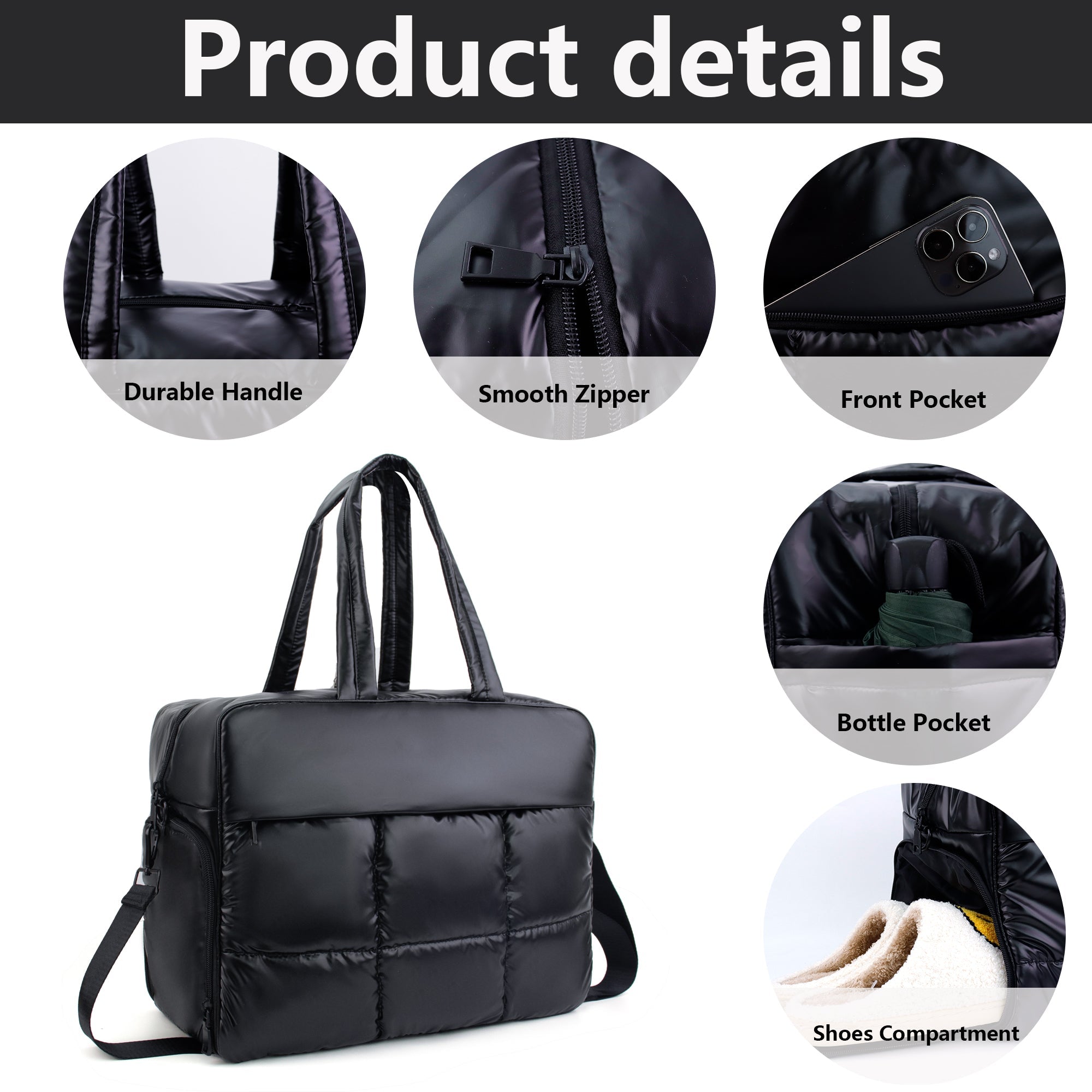 Ounamei Weekender Puffer Tote Bag | Quilted Nylon Puffy Travel Bag with Adjustable Straps, Lightweight Overnight Bag for Gym, Work & Airlines