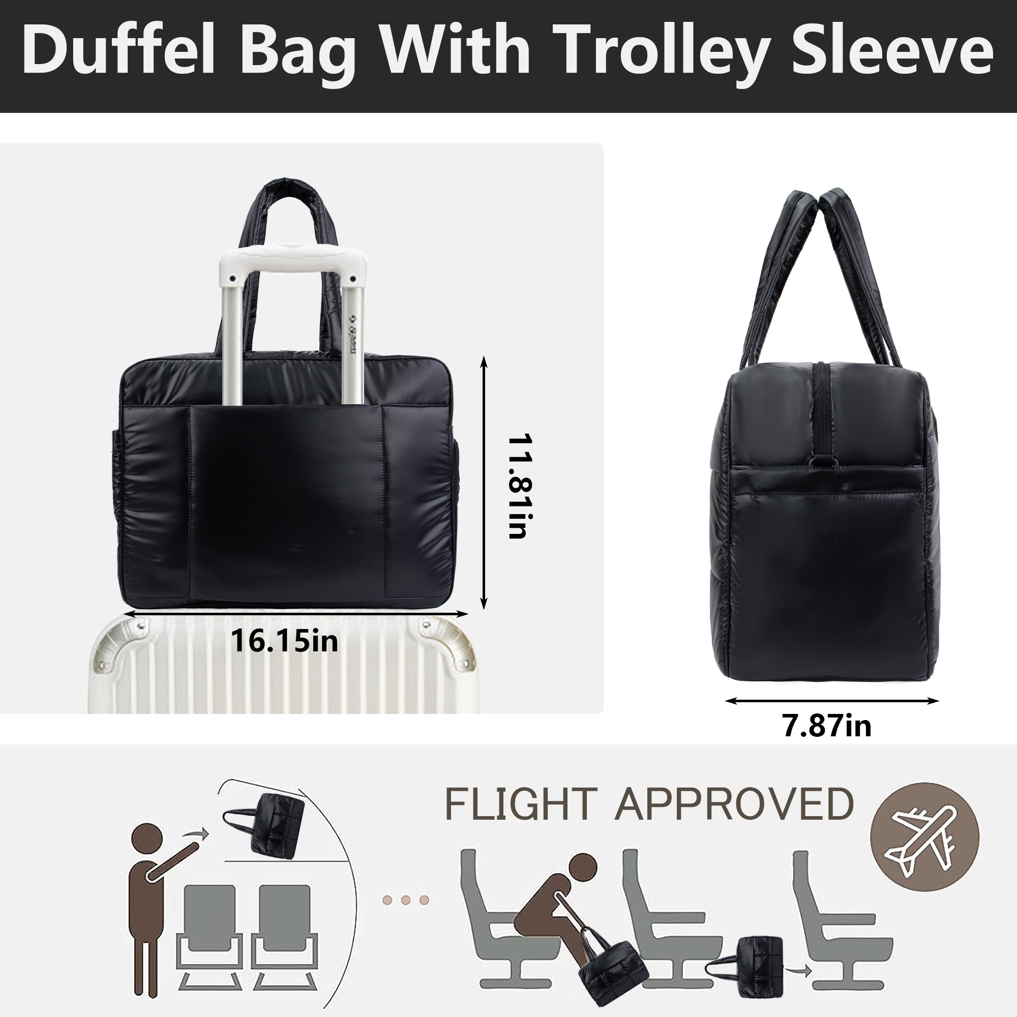 Ounamei Weekender Puffer Tote Bag | Quilted Nylon Puffy Travel Bag with Adjustable Straps, Lightweight Overnight Bag for Gym, Work & Airlines