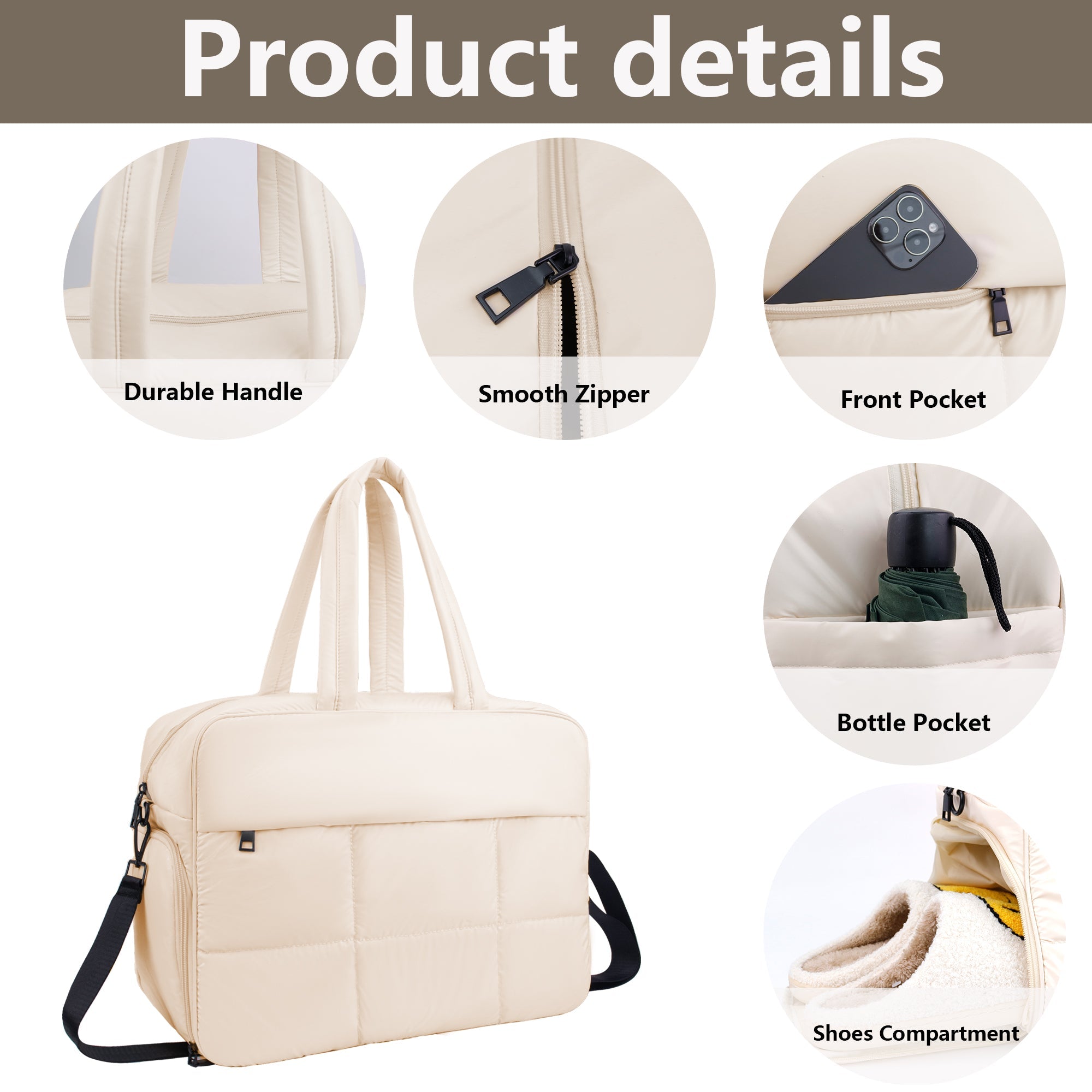 Ounamei Weekender Puffer Tote Bag | Quilted Nylon Puffy Travel Bag with Adjustable Straps, Lightweight Overnight Bag for Gym, Work & Airlines