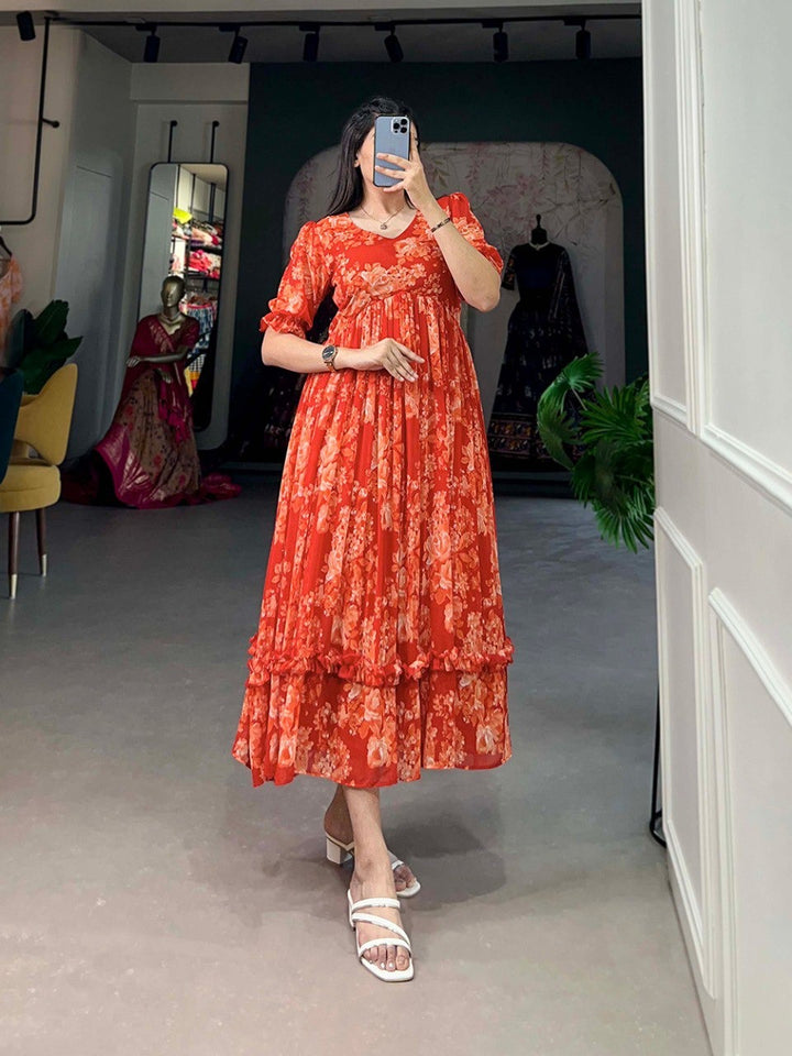 Orange Georgette Floral Print Frock