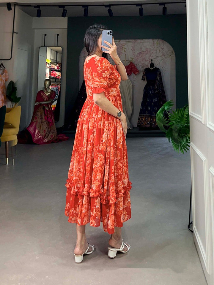 Orange Georgette Floral Print Frock