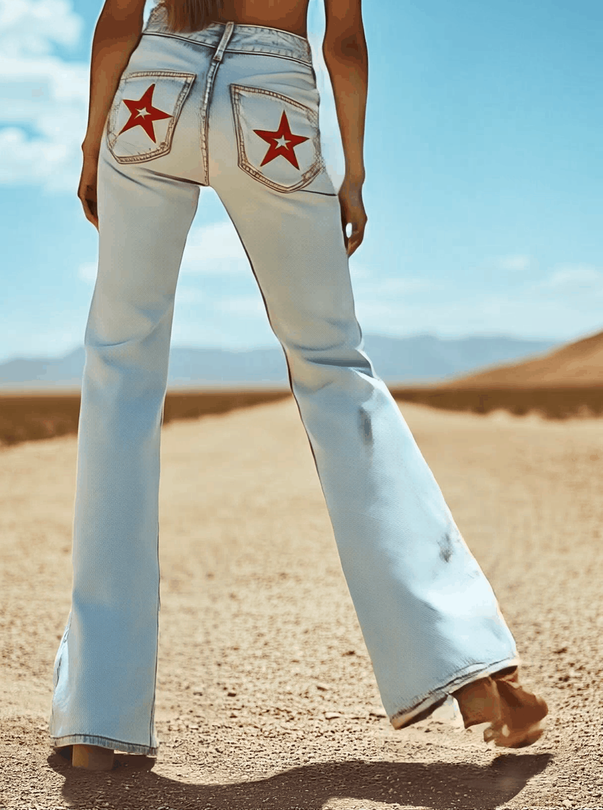 【24-hour shipping out】Vintage Back Pocket Star Embroidery Denim Flared Pants