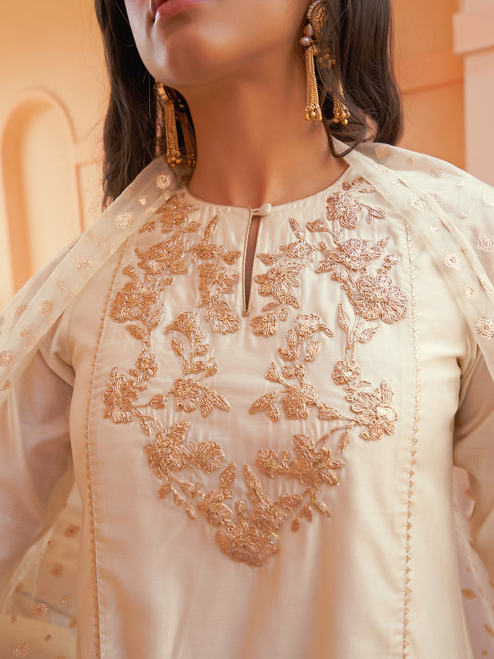 Off White Chanderi Yoke Embroidery Kurta with Palazzo and Dupatta  - By Janasya