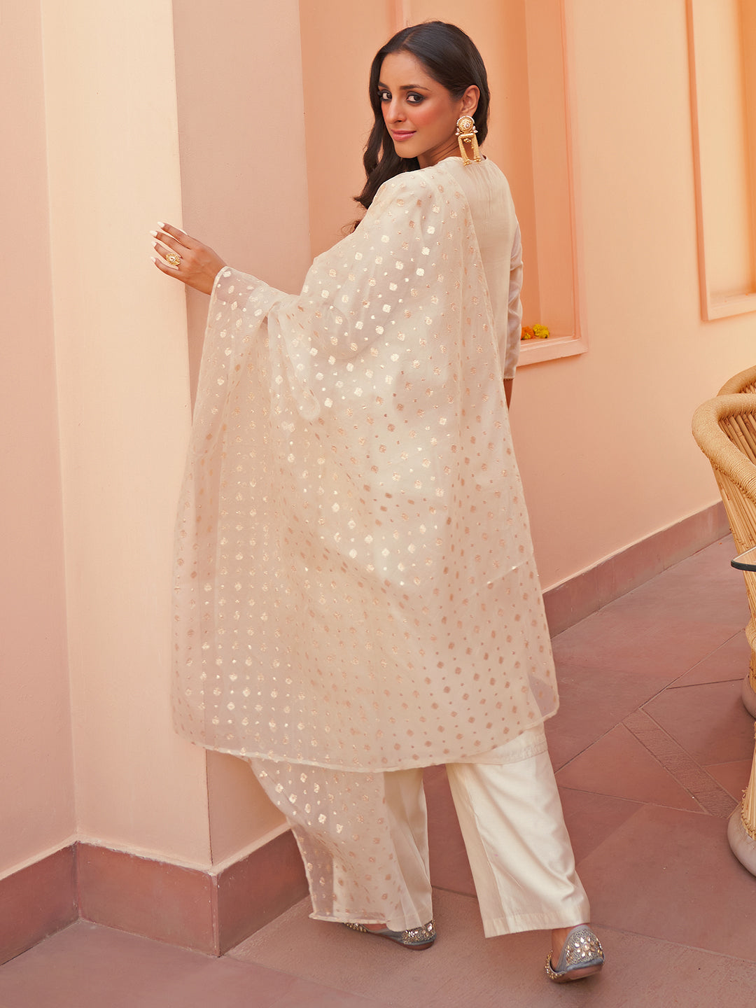 Off White Chanderi Yoke Embroidery Kurta with Palazzo and Dupatta  - By Janasya