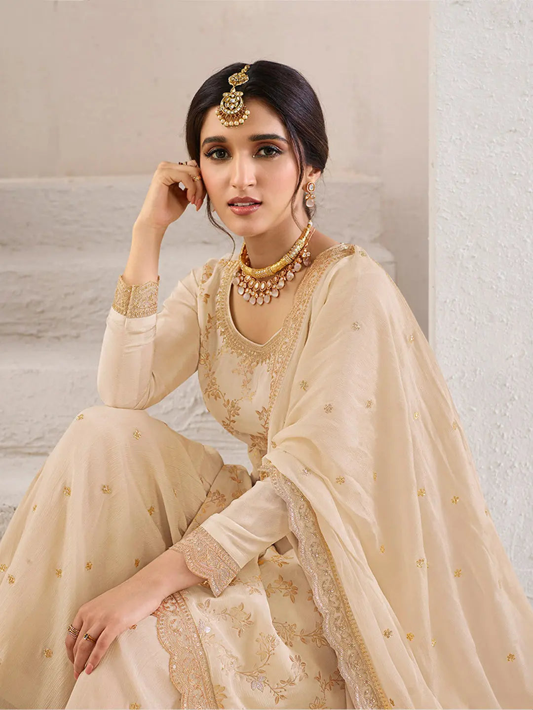 Off- white Jacquard Jaal work Sharara Suit Set by Qivii