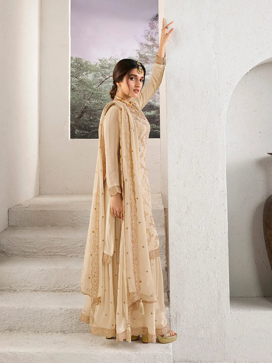 Off- white Jacquard Jaal work Sharara Suit Set by Qivii