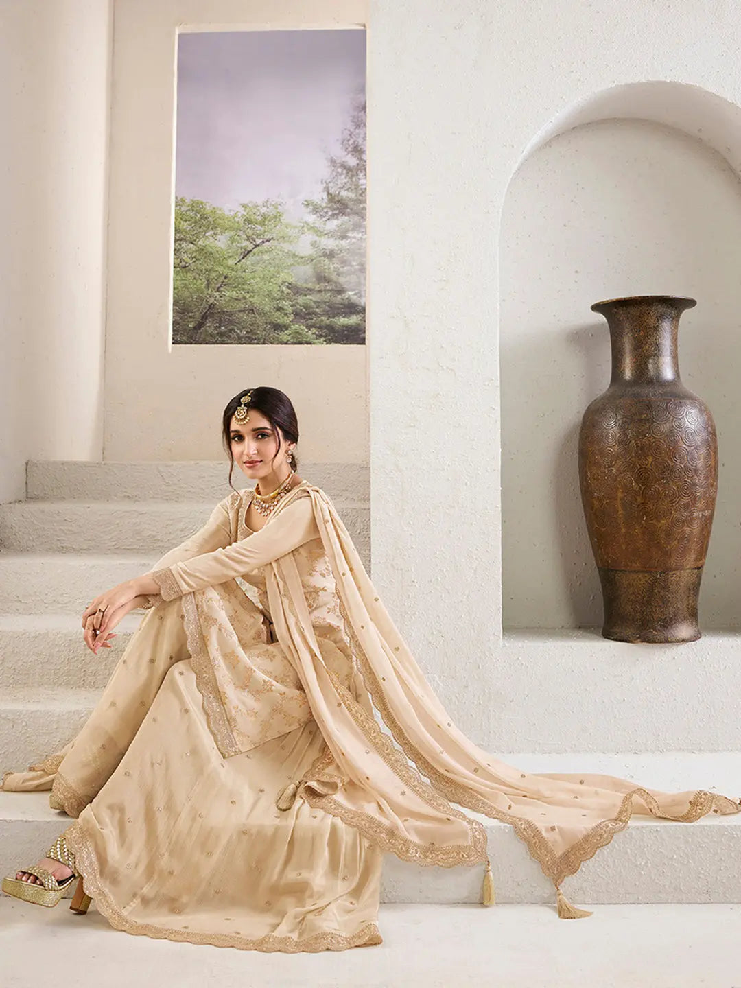 Off-white Jacquard Jaal work Sharara Suit Set