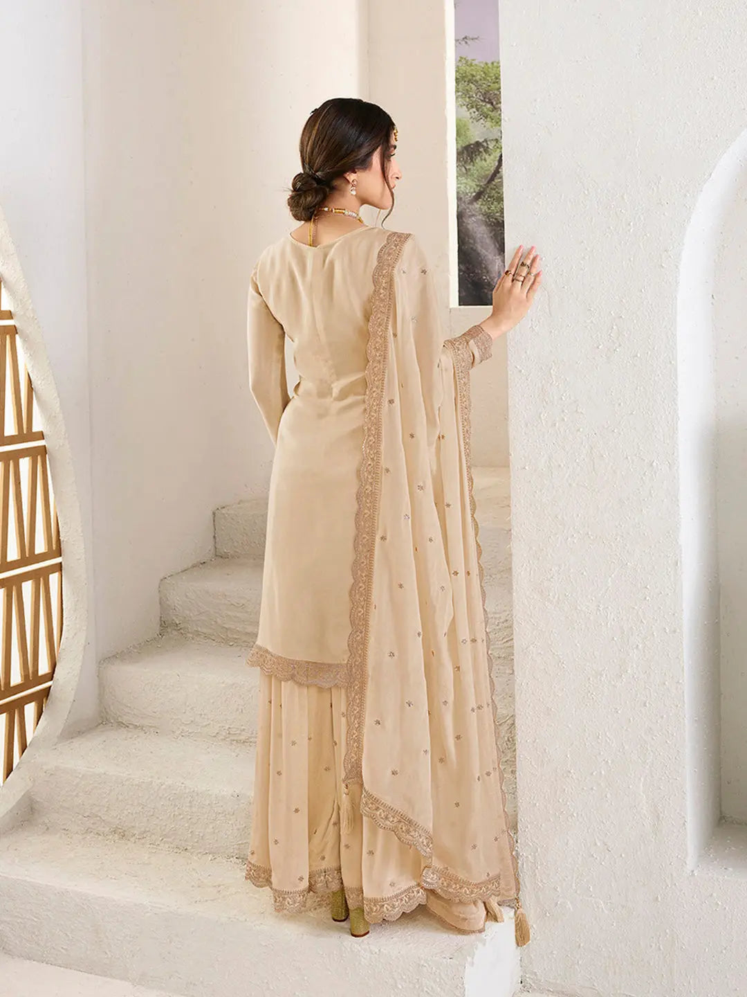 Off- white Jacquard Jaal work Sharara Suit Set by Qivii