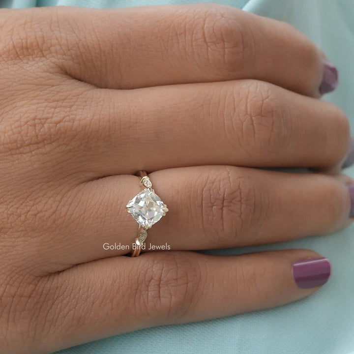 Old Mine Cushion Cut Moissanite Accent Stone Ring