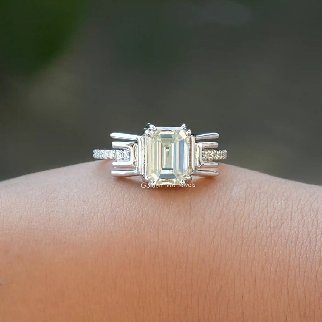 Old Mine Emerald Cut Moissanite Bridal Ring