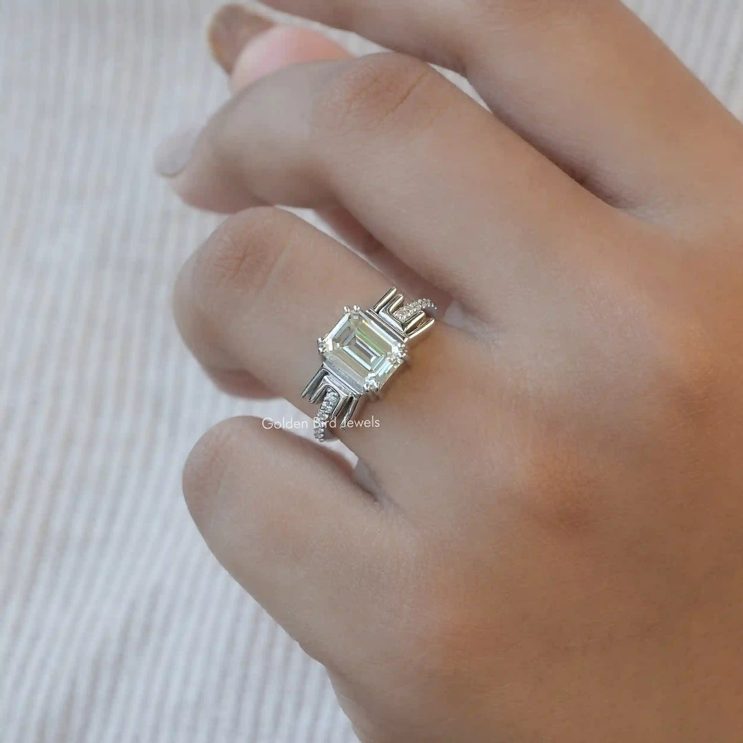 Old Mine Emerald Cut Moissanite Bridal Ring