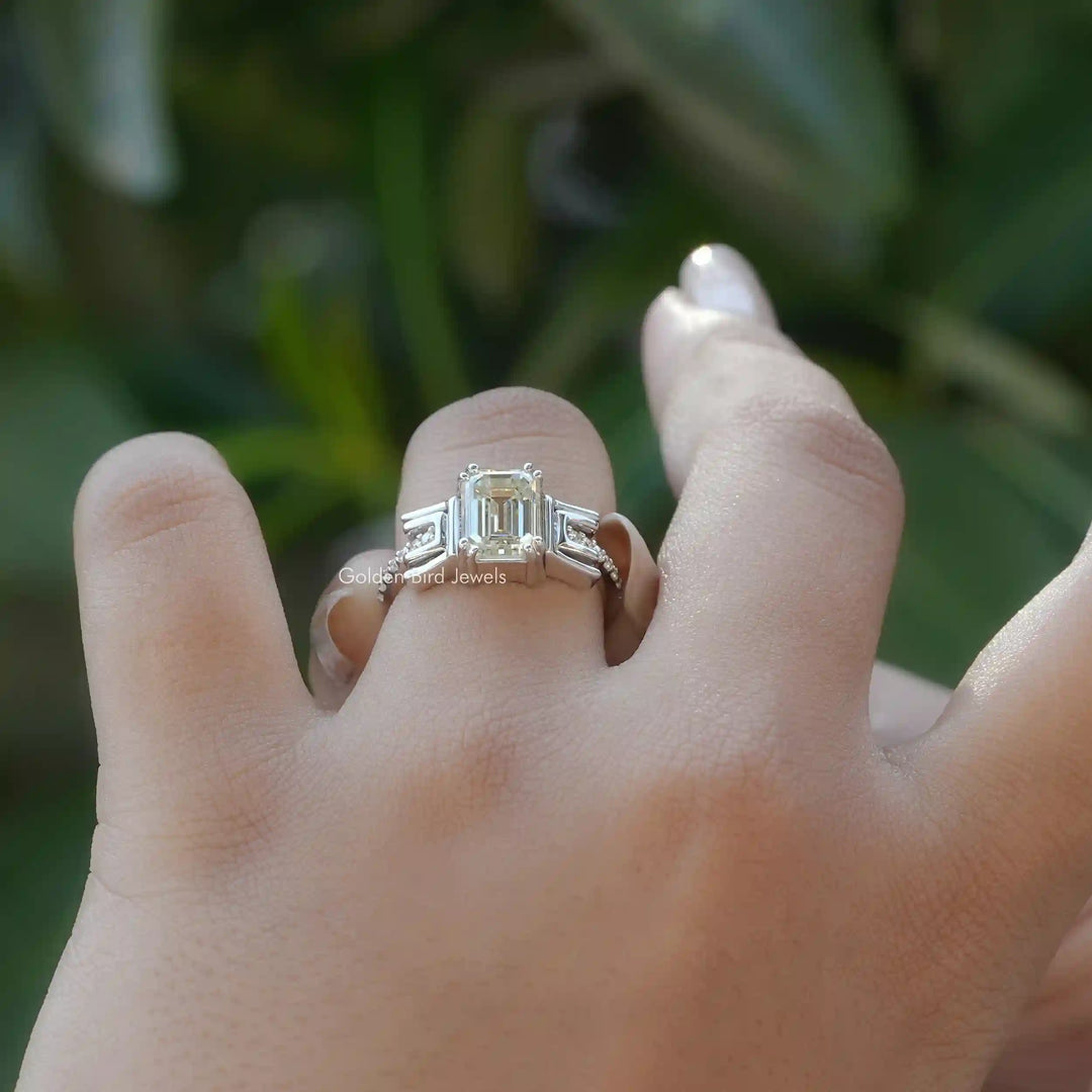 Old Mine Emerald Cut Moissanite Bridal Ring