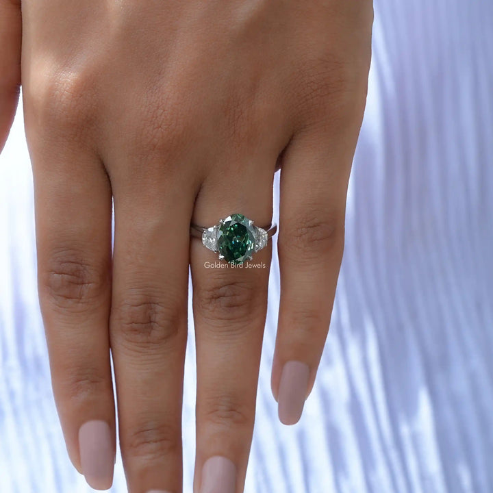 Dark Green Old Mine Oval Moissanite Three Stone Ring