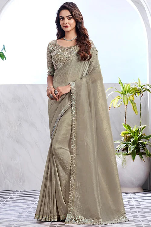 Fancy Sim-Sim Silk Party Wear Olive Grey Saree With Designer Blouse Piece