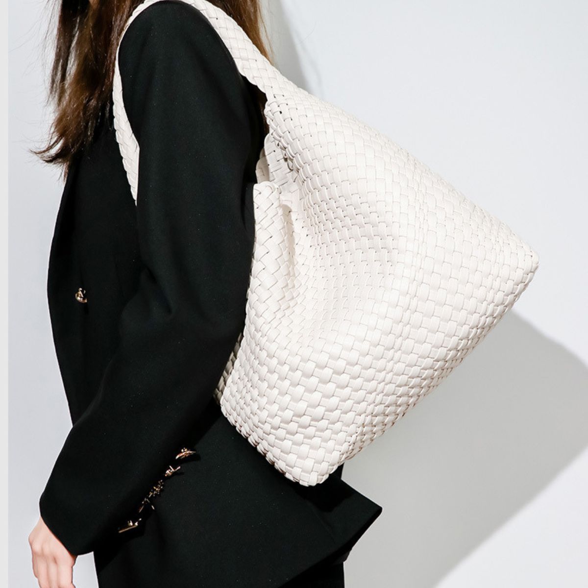 Ounamei Woven Tote Bag with Clutch | Extra Large Vegan Leather Shoulder & Handbag for Women