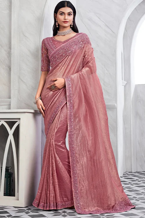 New Wedding Cocktail Onion Pink Saree With Blouse Piece