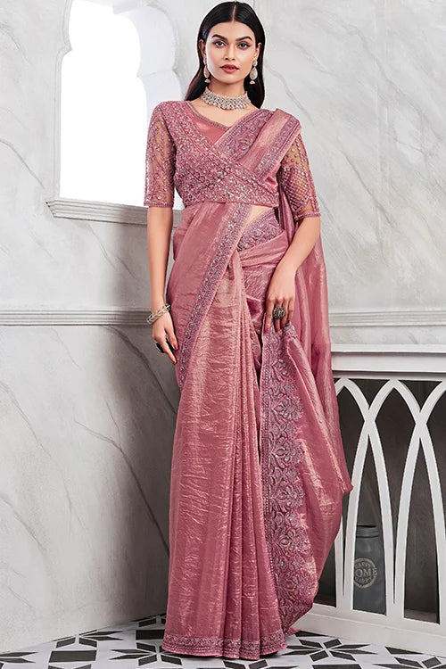 New Wedding Cocktail Onion Pink Saree With Blouse Piece