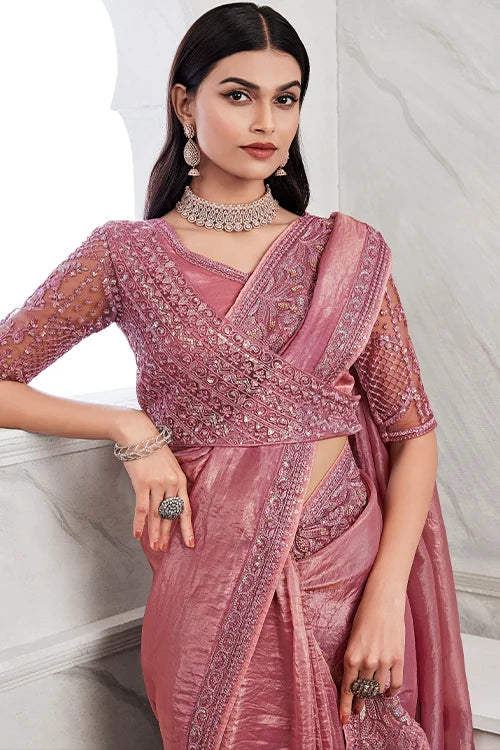 Traditional-Indian-bridal-saree-in-pink-with-gold-sequin-blouse-piece