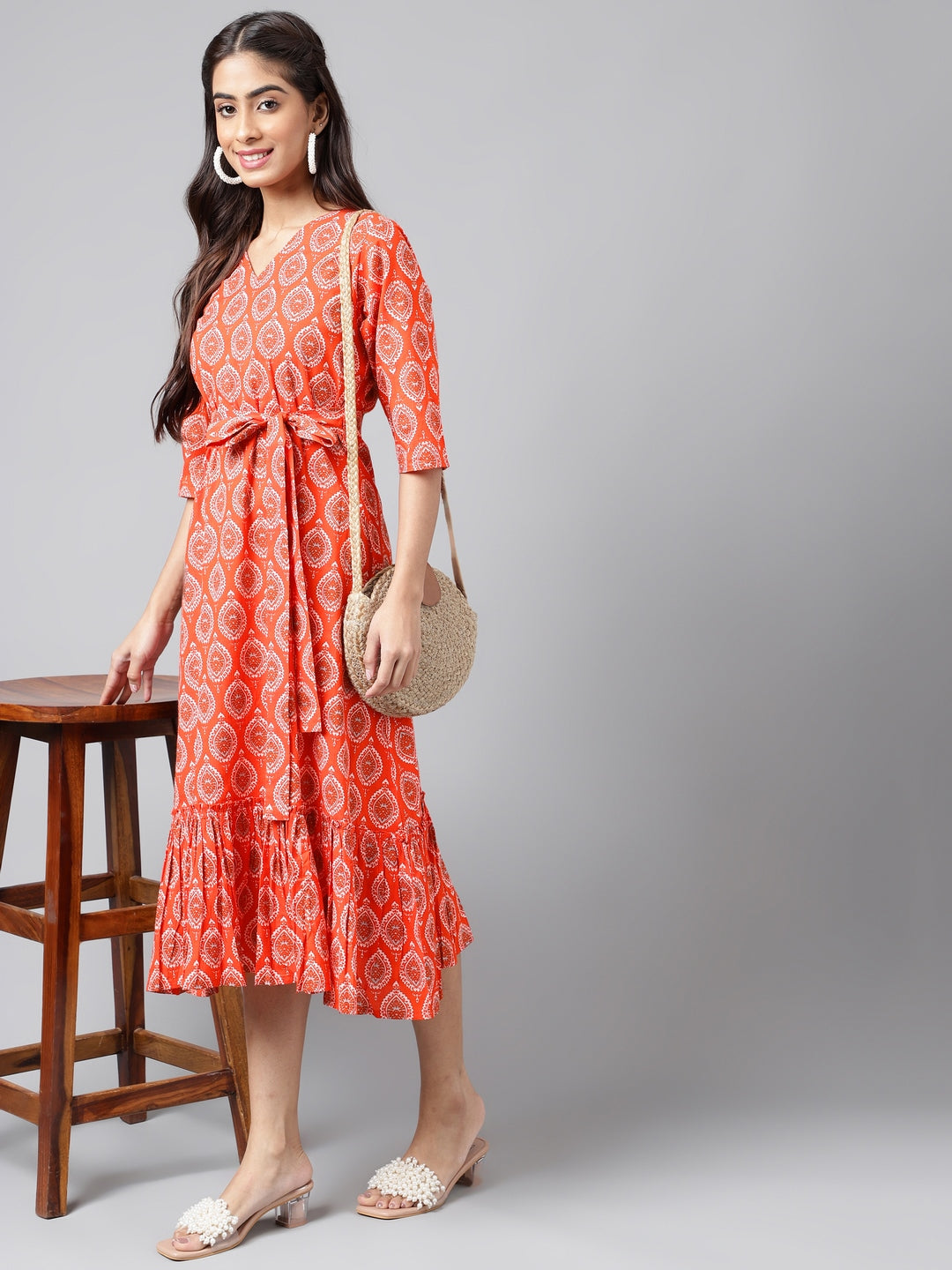 Orange Cotton Ethnic Motifs Printed Ruffled Dress  - By Janasya