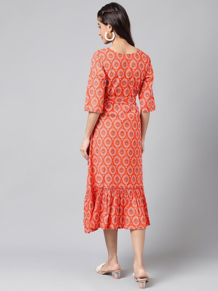 Orange Cotton Ethnic Motifs Printed Ruffled Dress  - By Janasya