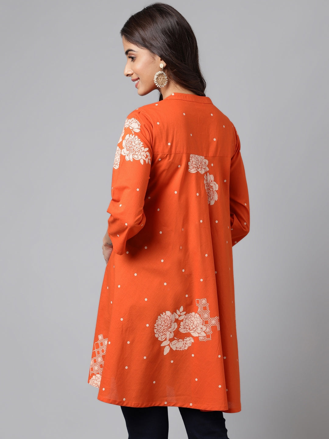 Orange Cotton Floral Printed Flared Tunic  - By Janasya