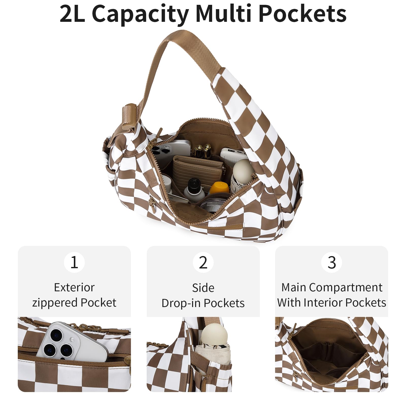 Ounamei Checkered Crescent Shoulder Bag | Women's Underarm hobo handbags Nylon Small Tote Bag