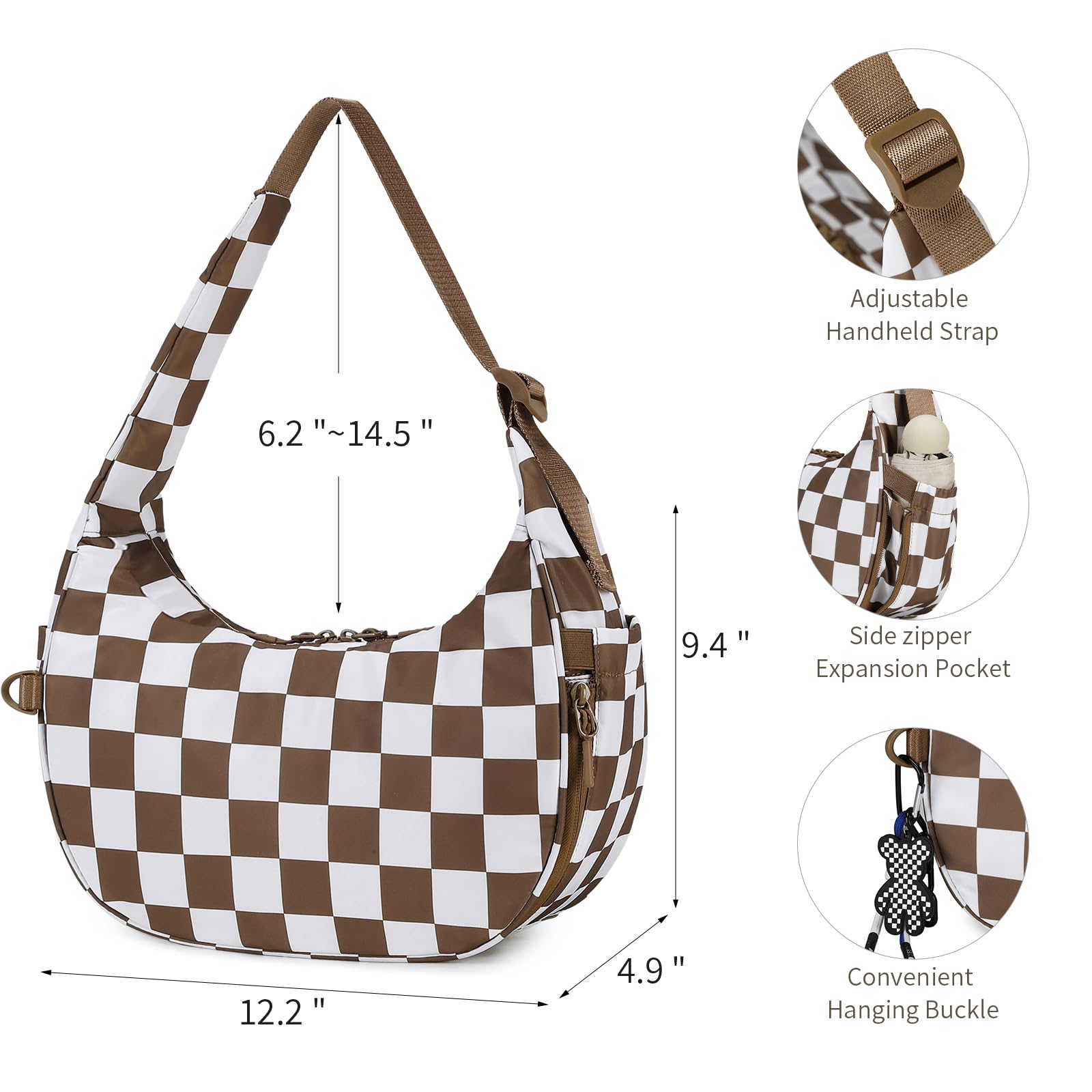 Ounamei Checkered Crescent Shoulder Bag | Women's Underarm hobo handbags Nylon Small Tote Bag