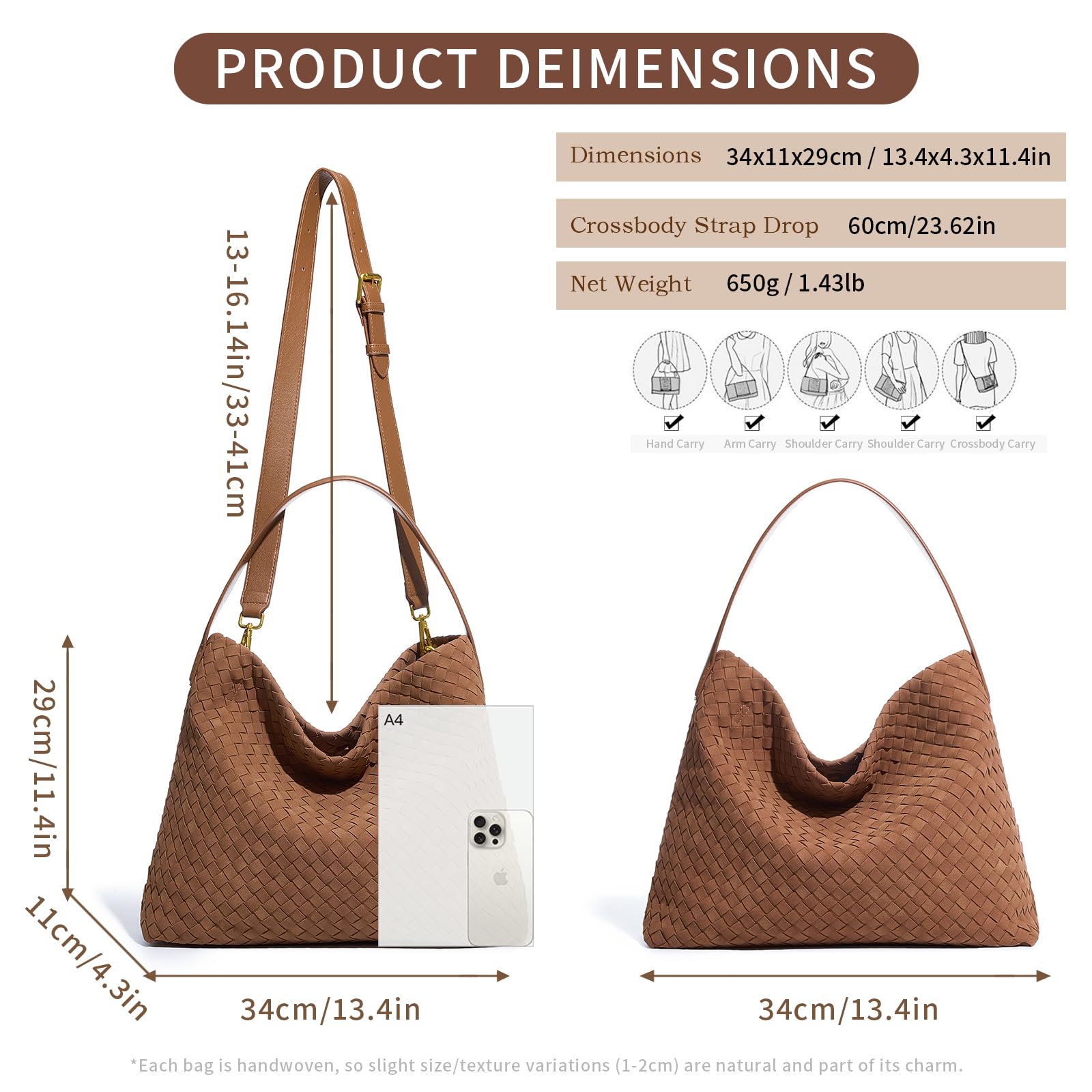 Ounamei Woven Faux Suede Hobo Bag | Slouchy Tote, Crossbody & Shoulder Handbag for Women