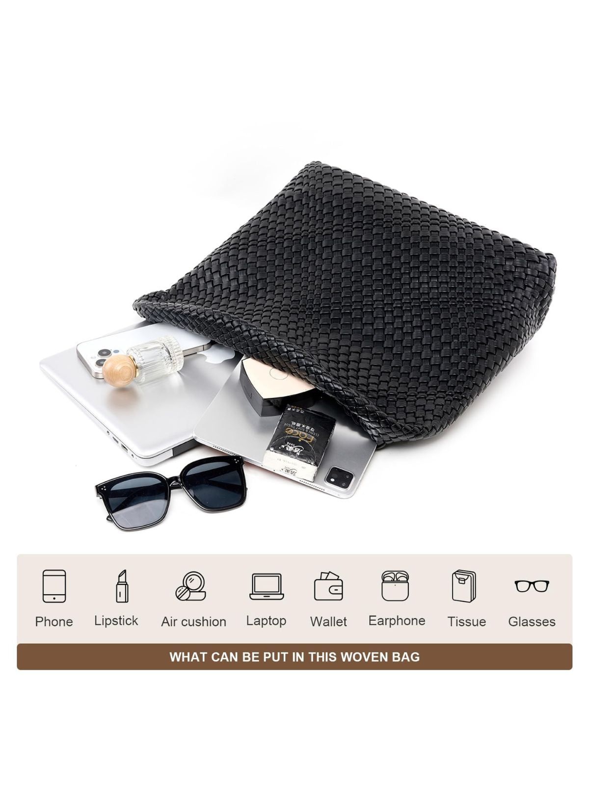 Ounamei Woven Tote Bag with Clutch | Extra Large Vegan Leather Shoulder & Handbag for Women