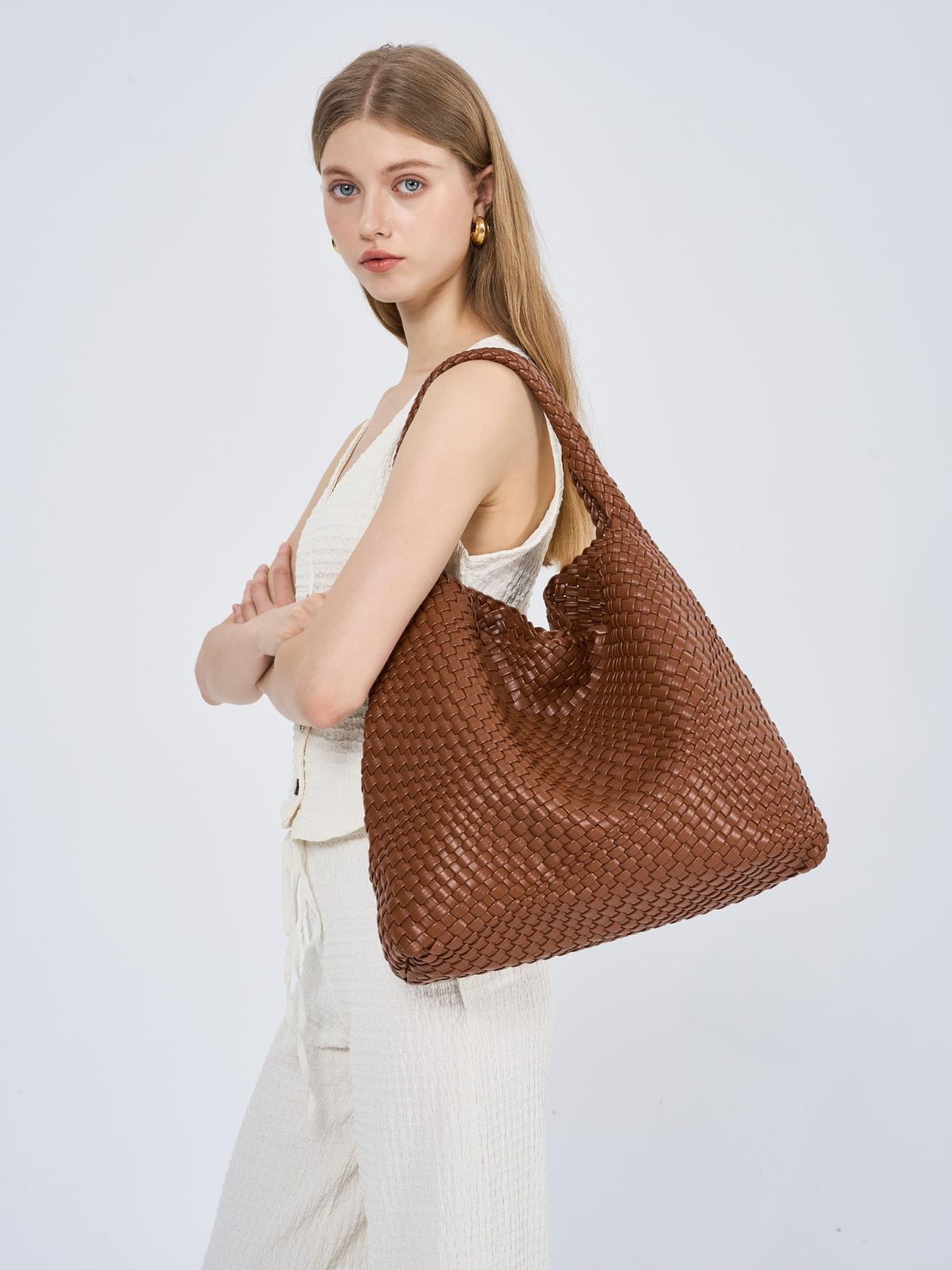 Ounamei Woven Tote Bag with Clutch | Extra Large Vegan Leather Shoulder & Handbag for Women