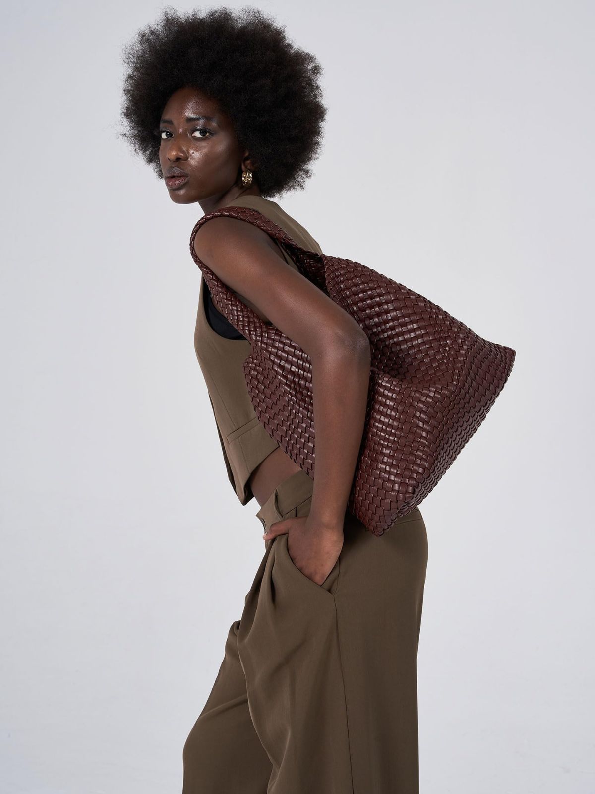 Ounamei Woven Tote Bag with Clutch | Extra Large Vegan Leather Shoulder & Handbag for Women