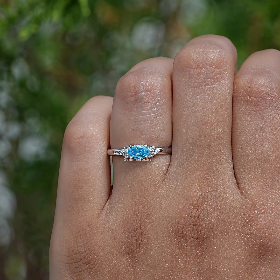 East West Aqua marine Oval Cut Gemstone Ring